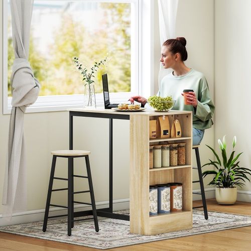 Ensemble Table De Bar 3 Pièces Avec Rangement Et Tabourets Style Industriel Chêne