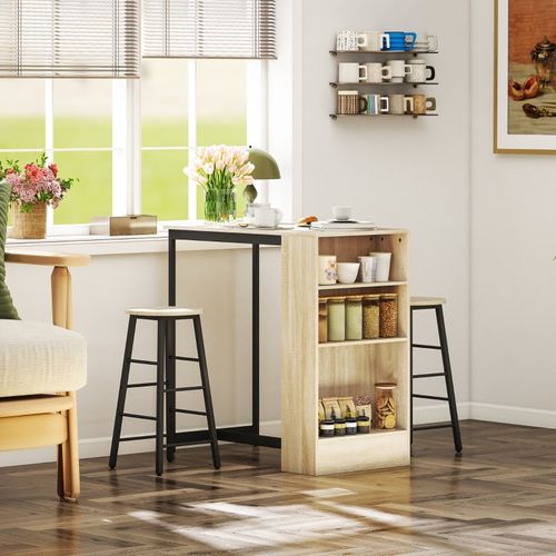 Ensemble Table De Bar 3 Pièces Avec Rangement Et Tabourets Style Industriel Chêne