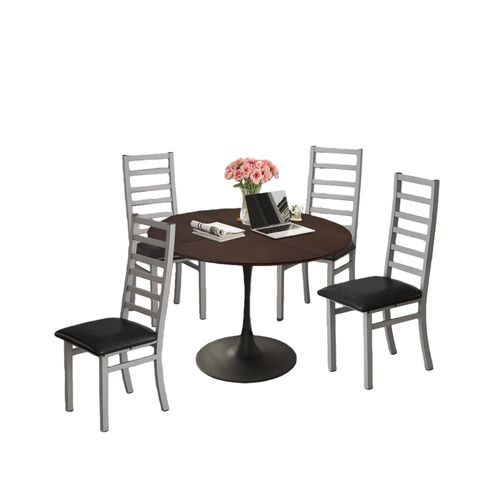 Ensemble Table Tulipe Ronde Marron De 120 Cm Avec 4 Chaises Grise, Salle à Manger