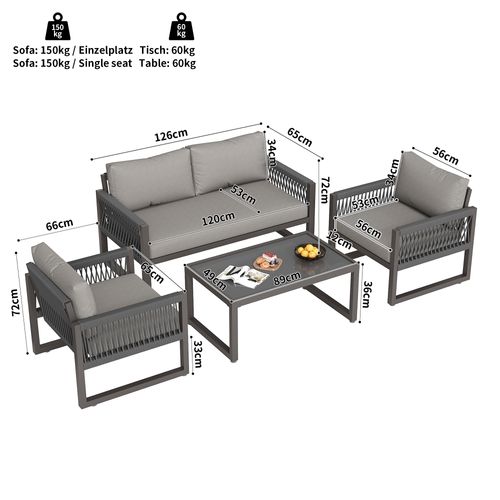 Salon De Jardin 4 Pièces En Corde Tressée Et Fer Galvanisé Avec Table En Verre