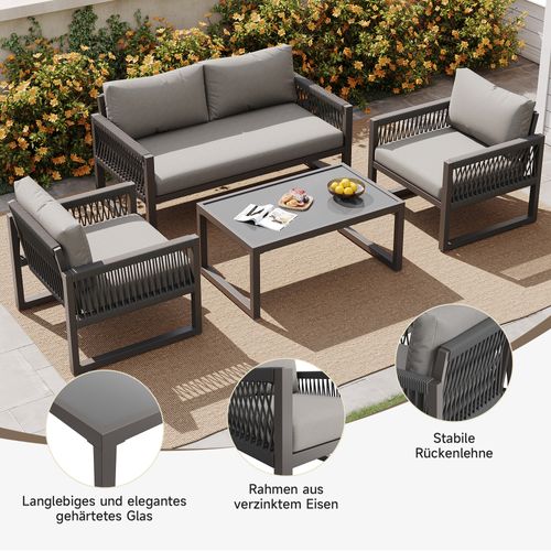 Salon De Jardin 4 Pièces En Corde Tressée Et Fer Galvanisé Avec Table En Verre