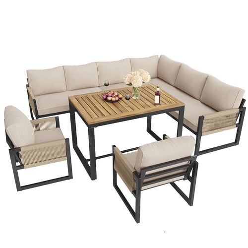 Salon De Jardin Modulable 7-8 Personnes Avec Coussins Épais Et Table Basse