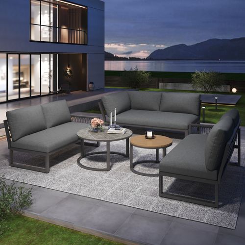 Salon De Jardin D’angle 6-7 Places Avec Cadre En Fer Galvanisé Et Coussins Gris