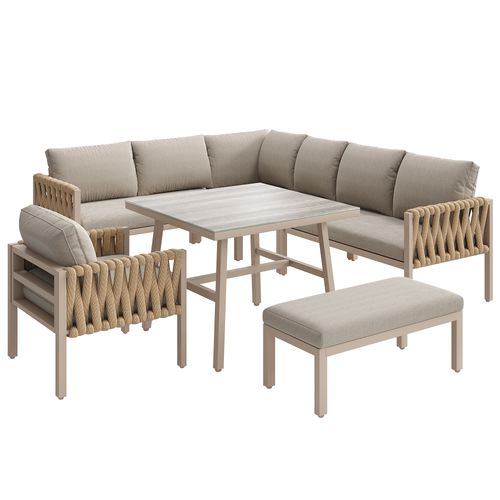 Salon De Jardin D’angle 6 Places En Corde Tressée Avec Table En Verre Et Cadre En Fer Galvanisé