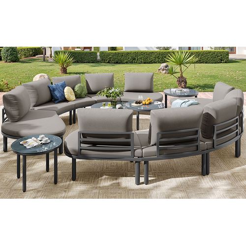 Salon De Jardin Modulable 10 Places Avec Coussins Gris Et 4 Tables En Verre