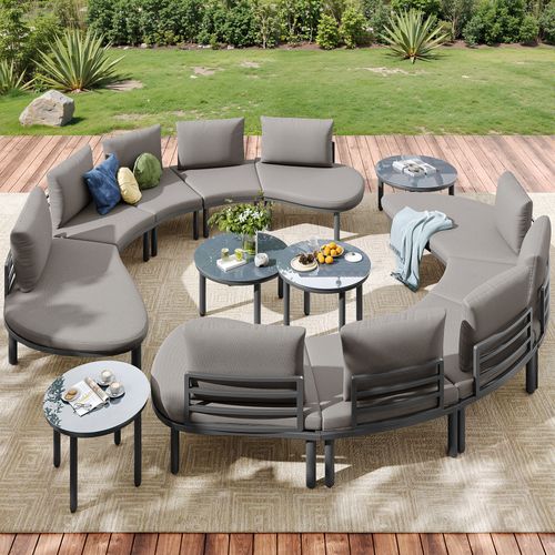 Salon De Jardin Modulable 10 Places Avec Coussins Gris Et 4 Tables En Verre