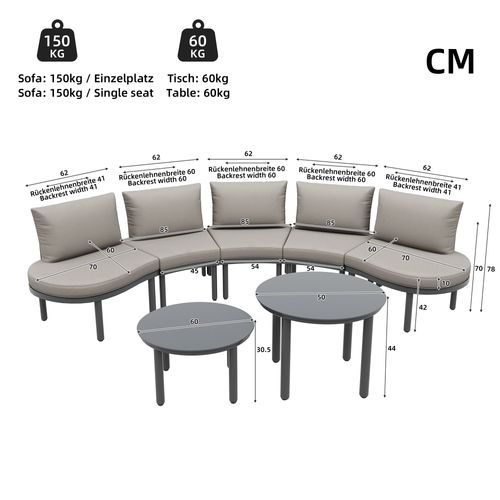 Salon De Jardin Modulable 10 Places Avec Coussins Gris Et 4 Tables En Verre