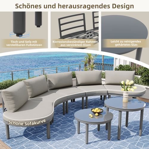 Salon De Jardin Modulable 10 Places Avec Coussins Gris Et 4 Tables En Verre