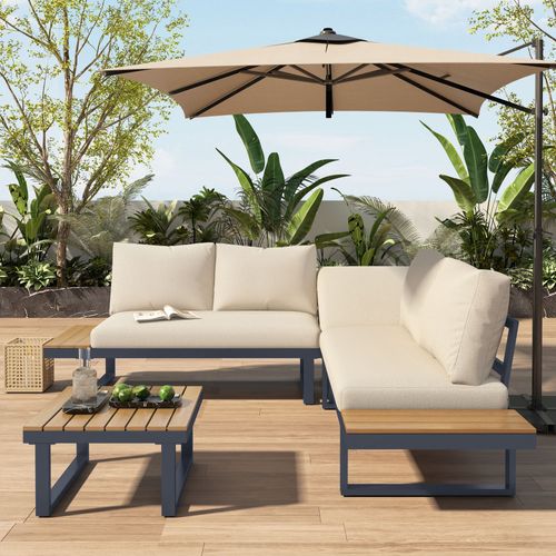 Salon De Jardin D’angle Avec Dossier Inclinable 5 Positions, Table Basse Imitation Teck, Beige
