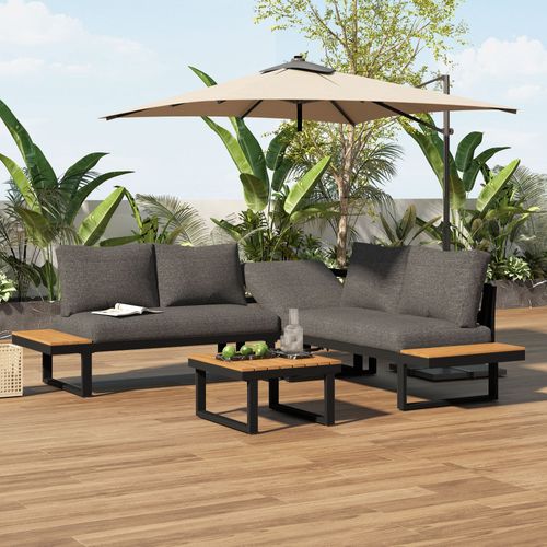 Salon De Jardin D’angle Avec Dossier Inclinable 5 Positions, Table Basse Imitation Teck, Noir