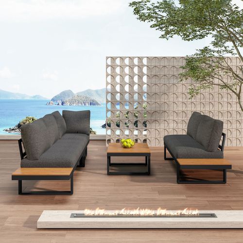 Salon De Jardin D’angle Avec Dossier Inclinable 5 Positions, Table Basse Imitation Teck, Noir