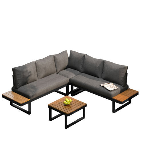 Salon De Jardin D’angle Avec Dossier Inclinable 5 Positions, Table Basse Imitation Teck, Noir