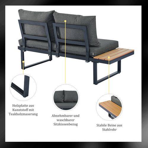 Salon De Jardin D’angle Avec Dossier Inclinable 5 Positions, Table Basse Imitation Teck, Noir