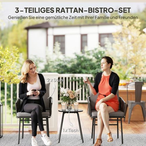 Ensemble Bistrot 3 Pièces En Rotin Synthétique Gris, 2 Fauteuils Et Table Métal