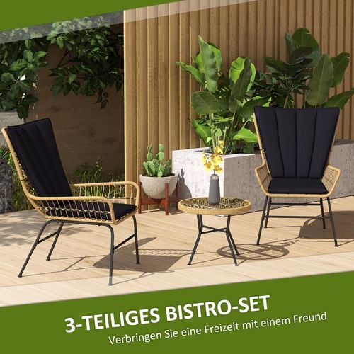Ensemble Bistrot 3 Pièces En Rotin Avec 2 Fauteuils Et Table Ronde En Verre Trempé