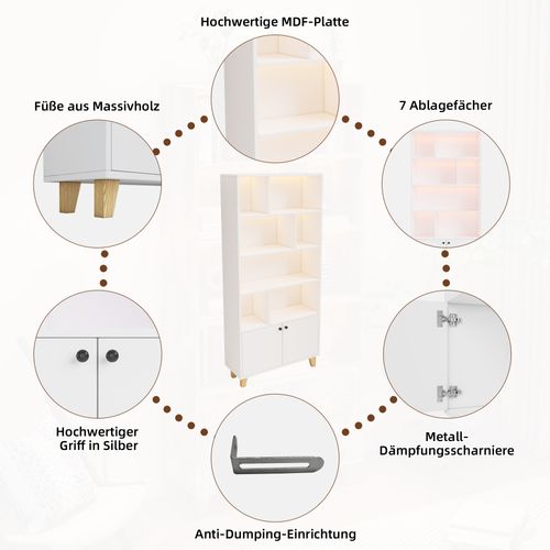 Bibliothèque 80x30x173 Cm Avec Éclairage LED, Portes Et Pieds Bois Massif, Blanc