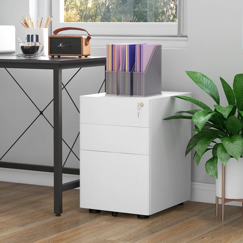 Caisson De Bureau Mobile 3 Tiroirs En Acier Blanc Avec Serrure 39x48x59 Cm