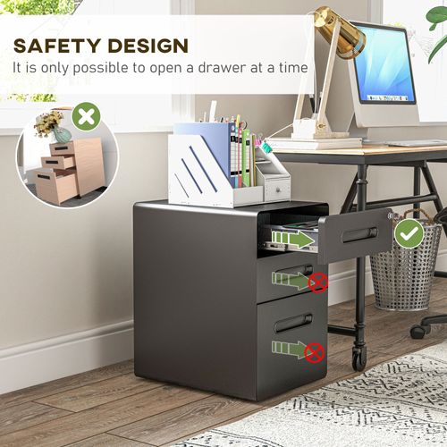 Caisson à Roulettes Pour Bureau, 3 Tiroirs, Acier Noir, 39x48x59 Cm