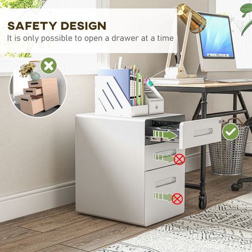 Caisson Roulant Blanc En Acier Avec 3 Tiroirs Sécurisés, 39x48x59 Cm