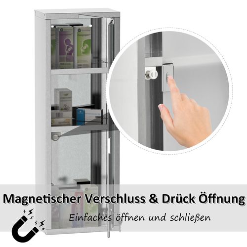 Armoire à Pharmacie Verrouillable En Acier Inoxydable Et Verre Dépoli, 20x12x58 Cm