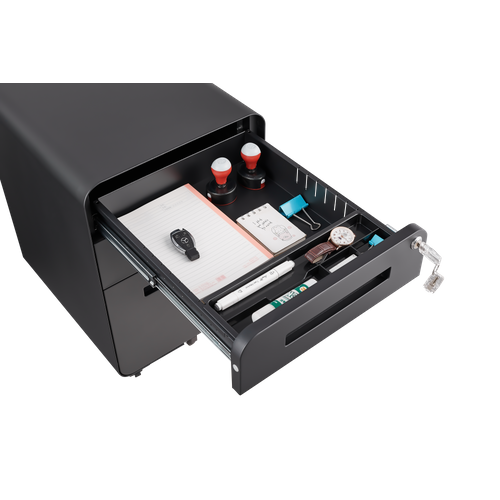Caisson Mobile 3 Tiroirs Noir Avec Roulettes, Serrure Et Rangement Dossiers