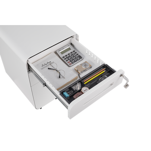 Caisson Mobile 3 Tiroirs Blanc Avec Roulettes, Serrure Et Rangement Dossiers