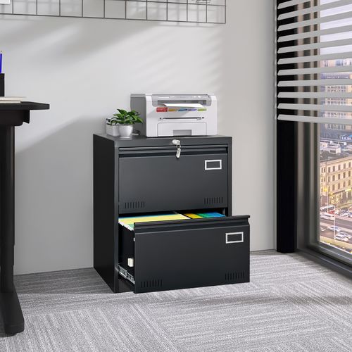 Armoire à Dossiers Latéraux 2 Tiroirs En Métal Avec Serrure – Noir