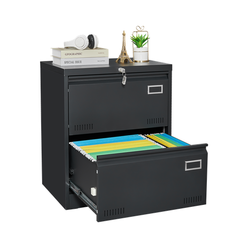 Armoire à Dossiers Latéraux 2 Tiroirs En Métal Avec Serrure – Noir