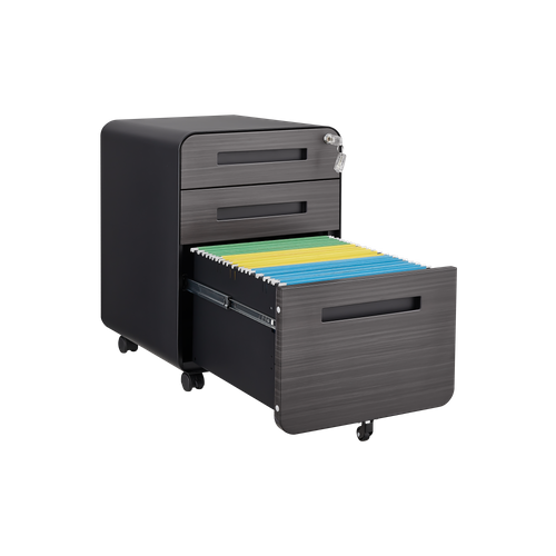 Caisson Mobile 3 Tiroirs En Métal Noir Avec Roulettes Et Serrure
