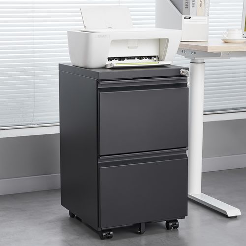 Caisson Mobile 2 Tiroirs En Métal Noir Avec Serrure, Format Legal/a4