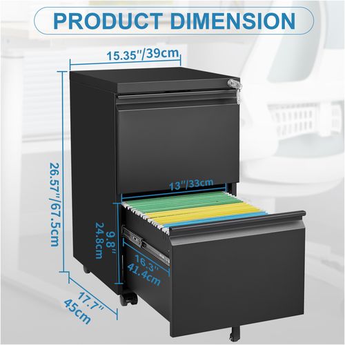 Caisson Mobile 2 Tiroirs En Métal Noir Avec Serrure, Format Legal/a4