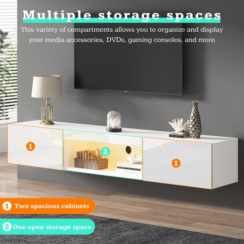 Meuble TV Mural 160 Cm Blanc Brillant Avec LED Et Contrôle Bluetooth