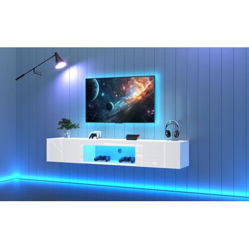 Meuble TV Mural 160 Cm Blanc Brillant Avec LED Et Contrôle Bluetooth