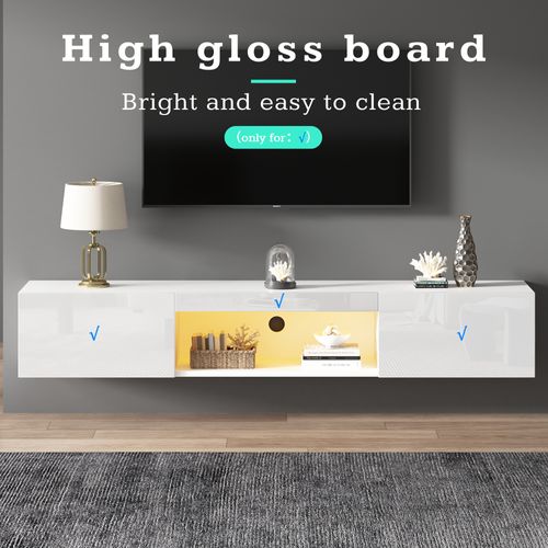 Meuble TV Mural 160 Cm Blanc Brillant Avec LED Et Contrôle Bluetooth