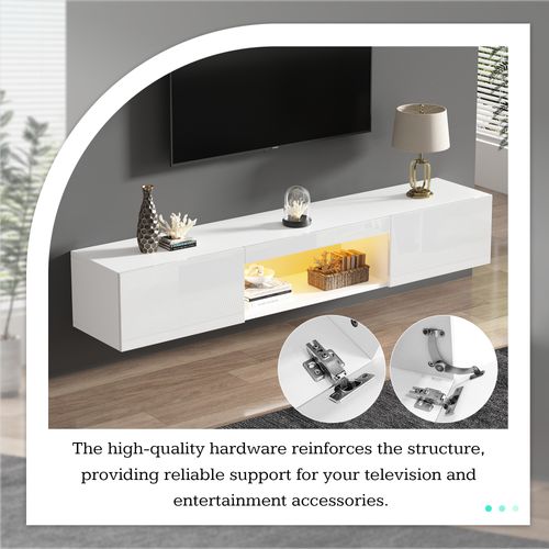Meuble TV Mural 160 Cm Blanc Brillant Avec LED Et Contrôle Bluetooth