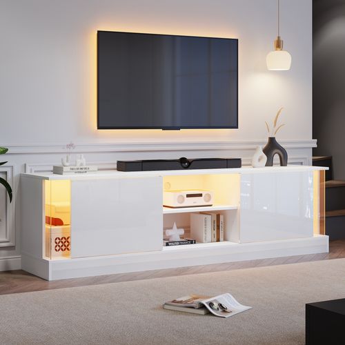 Meuble TV Blanc Laqué Avec LED, Pour TV Jusqu'à 70'', Rangement Spacieux
