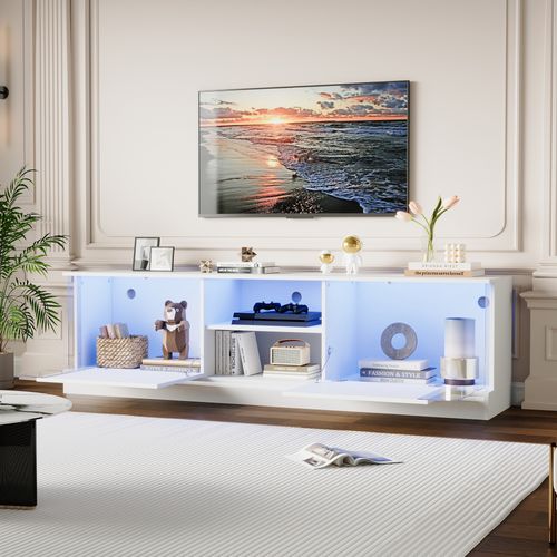 Meuble TV Blanc Laqué Avec LED, Pour TV Jusqu'à 70'', Rangement Spacieux