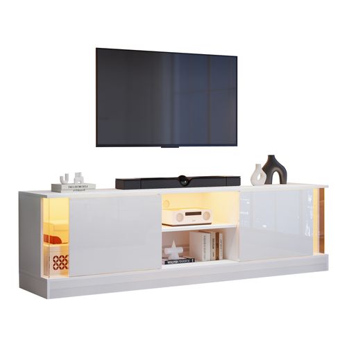 Meuble TV Blanc Laqué Avec LED, Pour TV Jusqu'à 70'', Rangement Spacieux