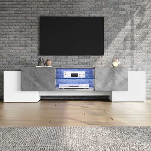 Meuble TV Blanc Et Gris 180x40x46,5 Cm Avec LED Bluetooth, Compatible TV 60-70"