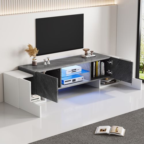Meuble TV Blanc Et Gris 180x40x46,5 Cm Avec LED Bluetooth, Compatible TV 60-70"