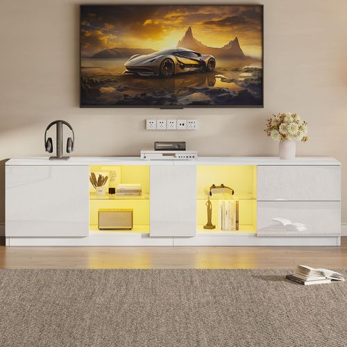 Meuble TV Laqué Blanc Avec LED Multicolore, 160x40x52 Cm, Pour TV Jusqu’à 65"