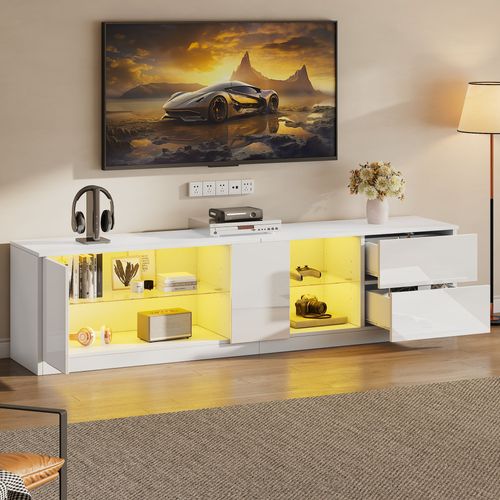 Meuble TV Laqué Blanc Avec LED Multicolore, 160x40x52 Cm, Pour TV Jusqu’à 65"