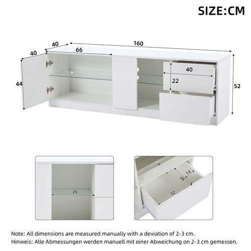 Meuble TV Laqué Blanc Avec LED Multicolore, 160x40x52 Cm, Pour TV Jusqu’à 65"