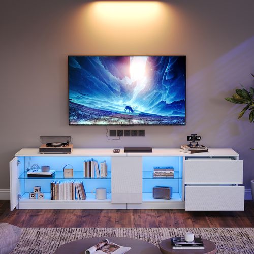 Meuble TV Laqué Blanc Avec LED Multicolore, 160x40x52 Cm, Pour TV Jusqu’à 65"