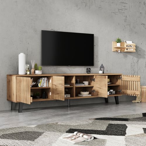 Meuble TV 180x40x55 Cm En Bois Naturel Avec 8 Compartiments, Pour TV Jusqu'à 70"