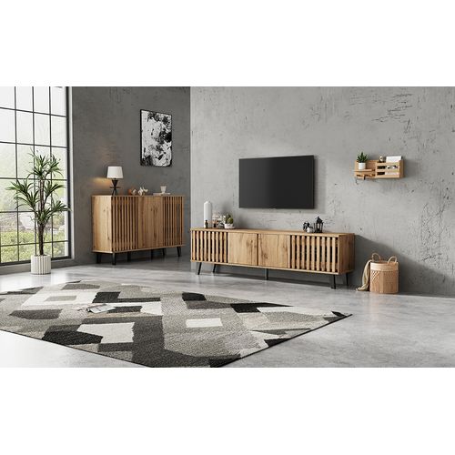 Meuble TV 180x40x55 Cm + Buffet 150x40x95 Cm En Bois Naturel, 14 Compartiments