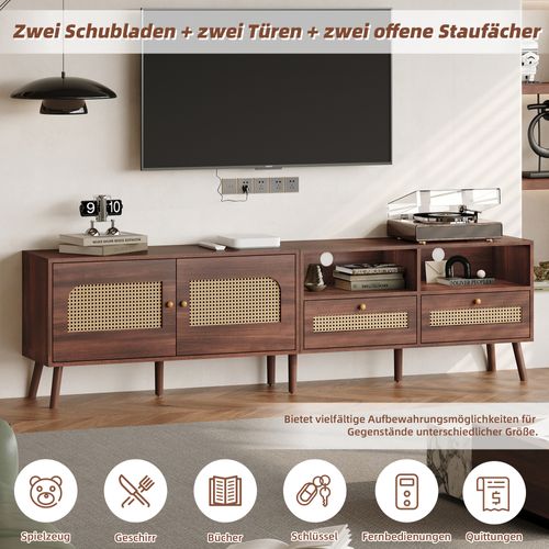 Meuble TV 200x37x49,5 Cm En Bois Et Rotin, Pour TV Jusqu'à 80", Design Moderne