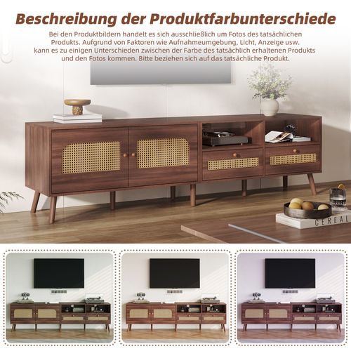 Meuble TV 200x37x49,5 Cm En Bois Et Rotin, Pour TV Jusqu'à 80", Design Moderne