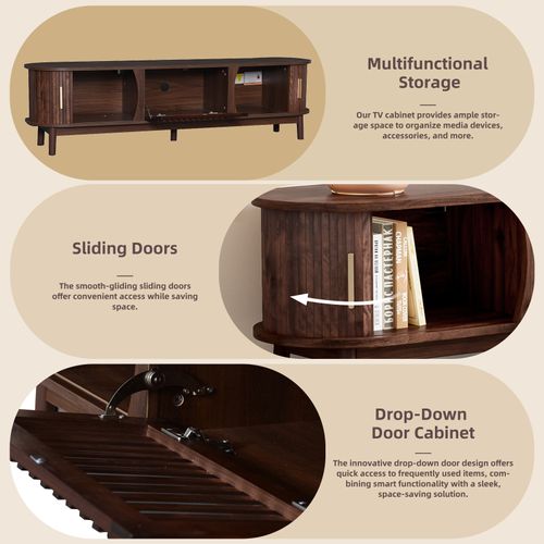 Meuble TV 165x39,5x46 Cm Brun Avec Portes Coulissantes Et Battante, Pour TV 65"