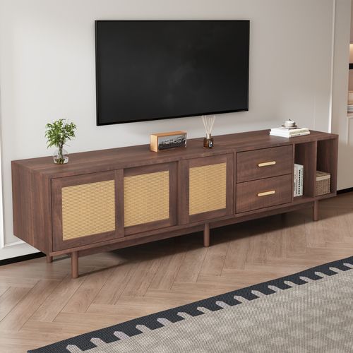 Meuble TV En Mdf Brun Avec Portes En Rotin, 190x40x52 Cm, Grand Rangement, Pour TV 75"